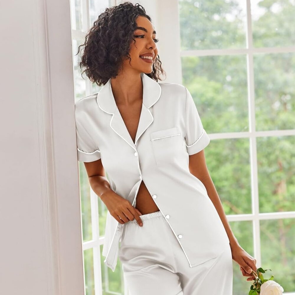 Ekouaer Silk Satin Pajamas Set Women Short Sleeve Sleepwear Soft Button Down Lou